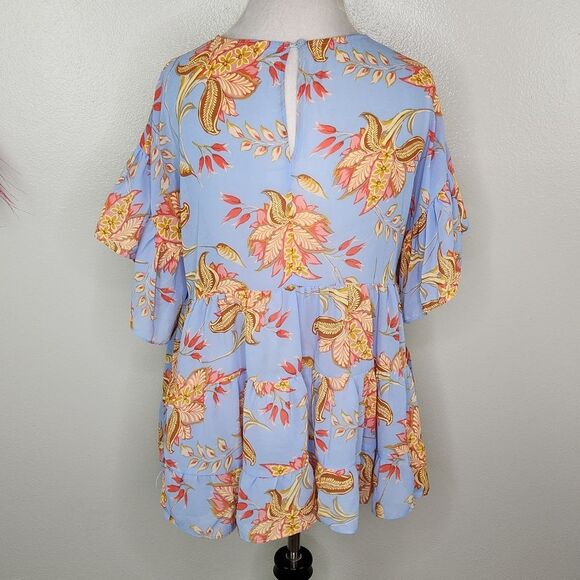 F21 Honstee Blue Floral Tiered Ruffle Flutter Sleeve Babydoll Blouse Size Large - Picture 7 of 12